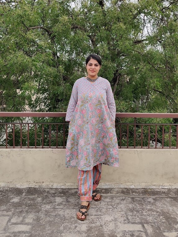 Meadowsweet Hand Block Printed Cotton Kurta Set with Afghani Pants