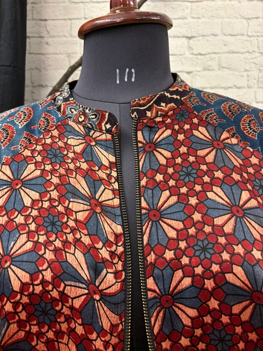 Red Indigo Ajrakh Mashru Silk Unisex Bomber Jacket