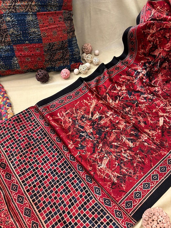 Red Abstract Ajrakh Hand Block Printed Mashru Silk Stole