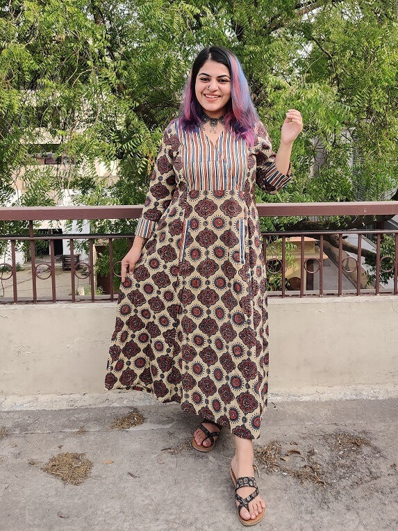 White Meadows Ajrakh Maxi Patch Dress