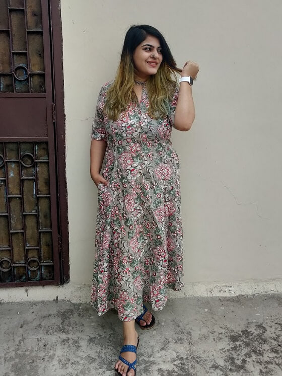 Bageecha Hand Block Printed A Line Maxi Shirt Dress