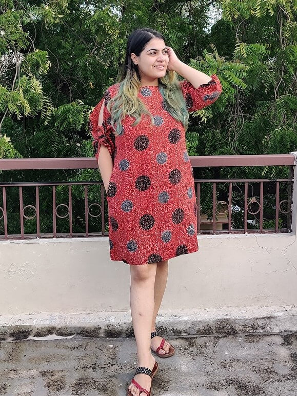 Chilli Ajrakh Shift Dress with Knot Sleeves