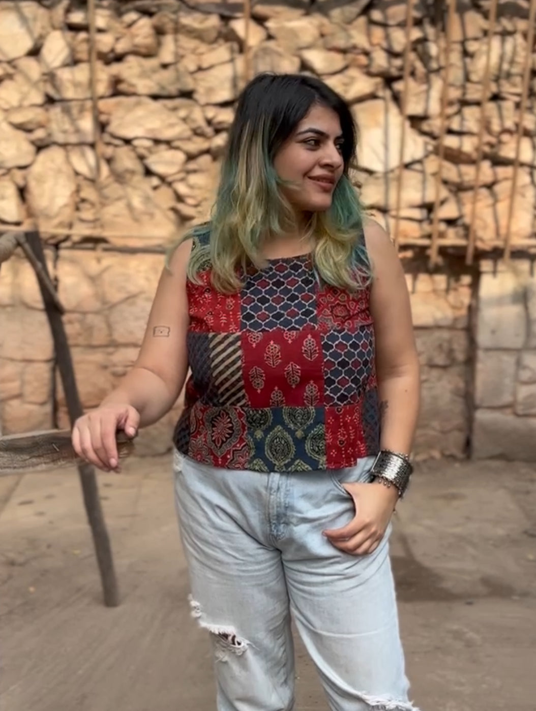 Ajrakh Indigo Red Patch Work Sleeveless Crop Top