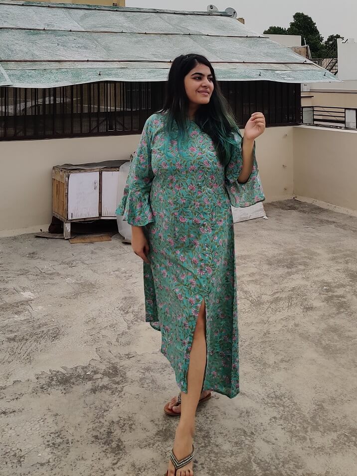 Pink Peonies Hand Block Printed Asymmetrical Dress with Side Slit