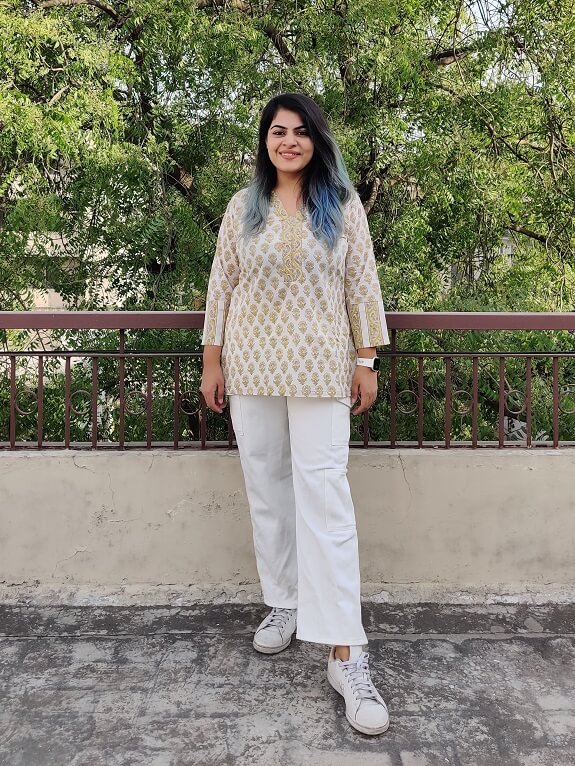 White Floral Hand Block Printed Short Kurti