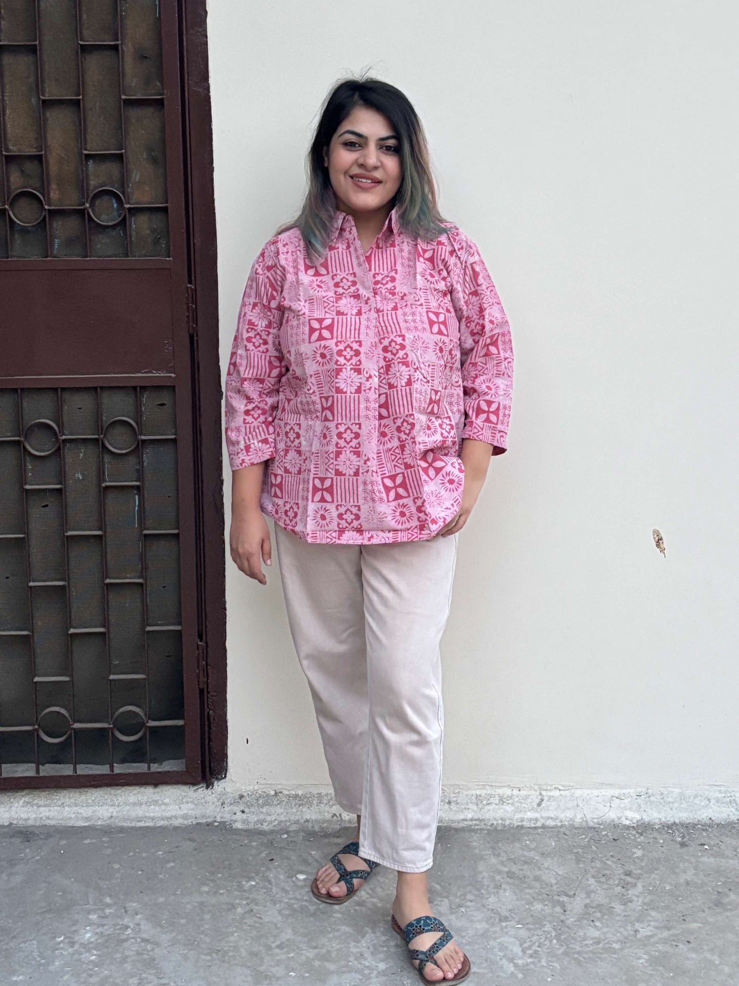 Pink Tiles A Line Relaxed Fit Collar Top