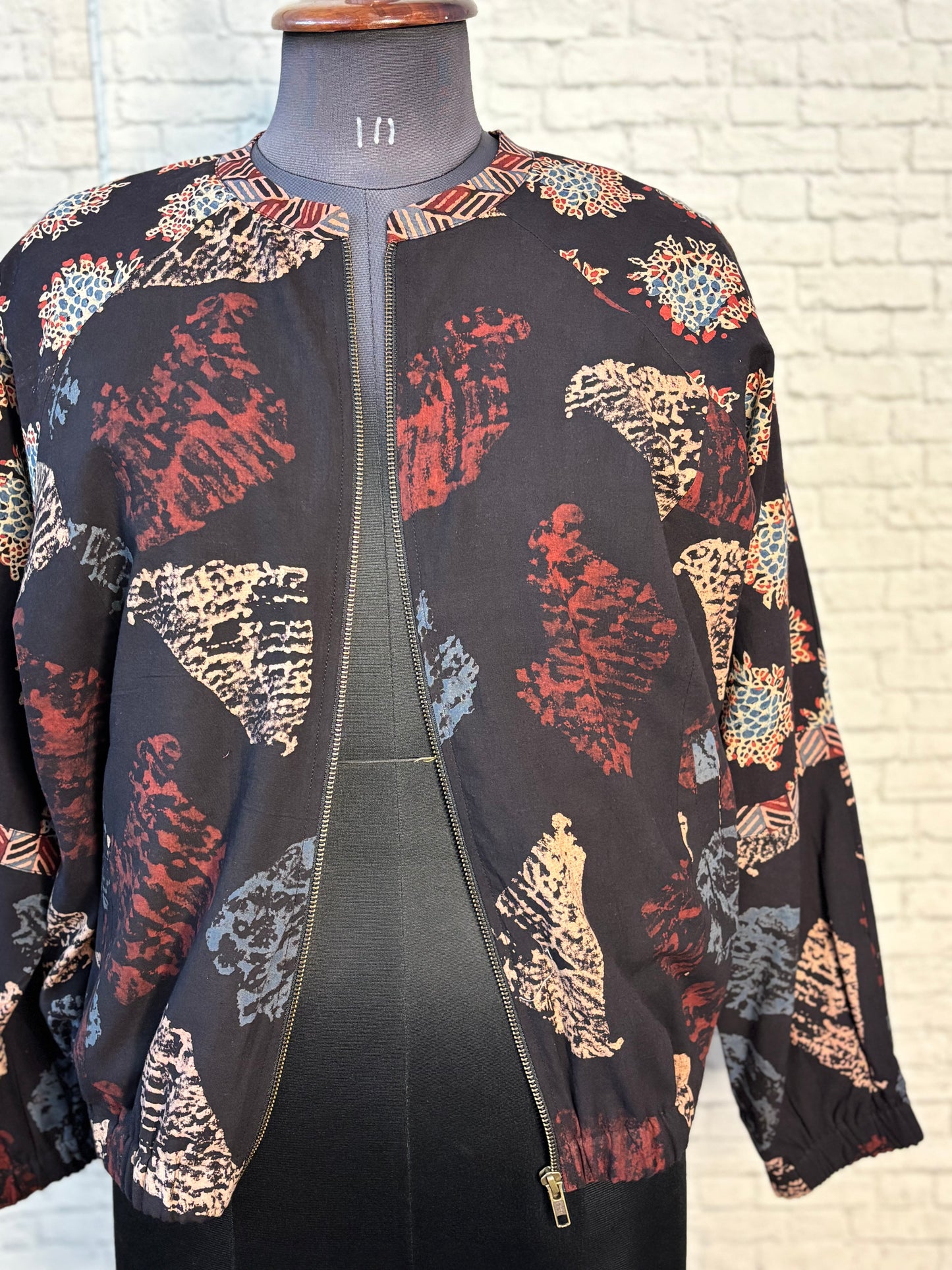 Black Ajrakh Hand Block Printed Unisex Bomber Jacket