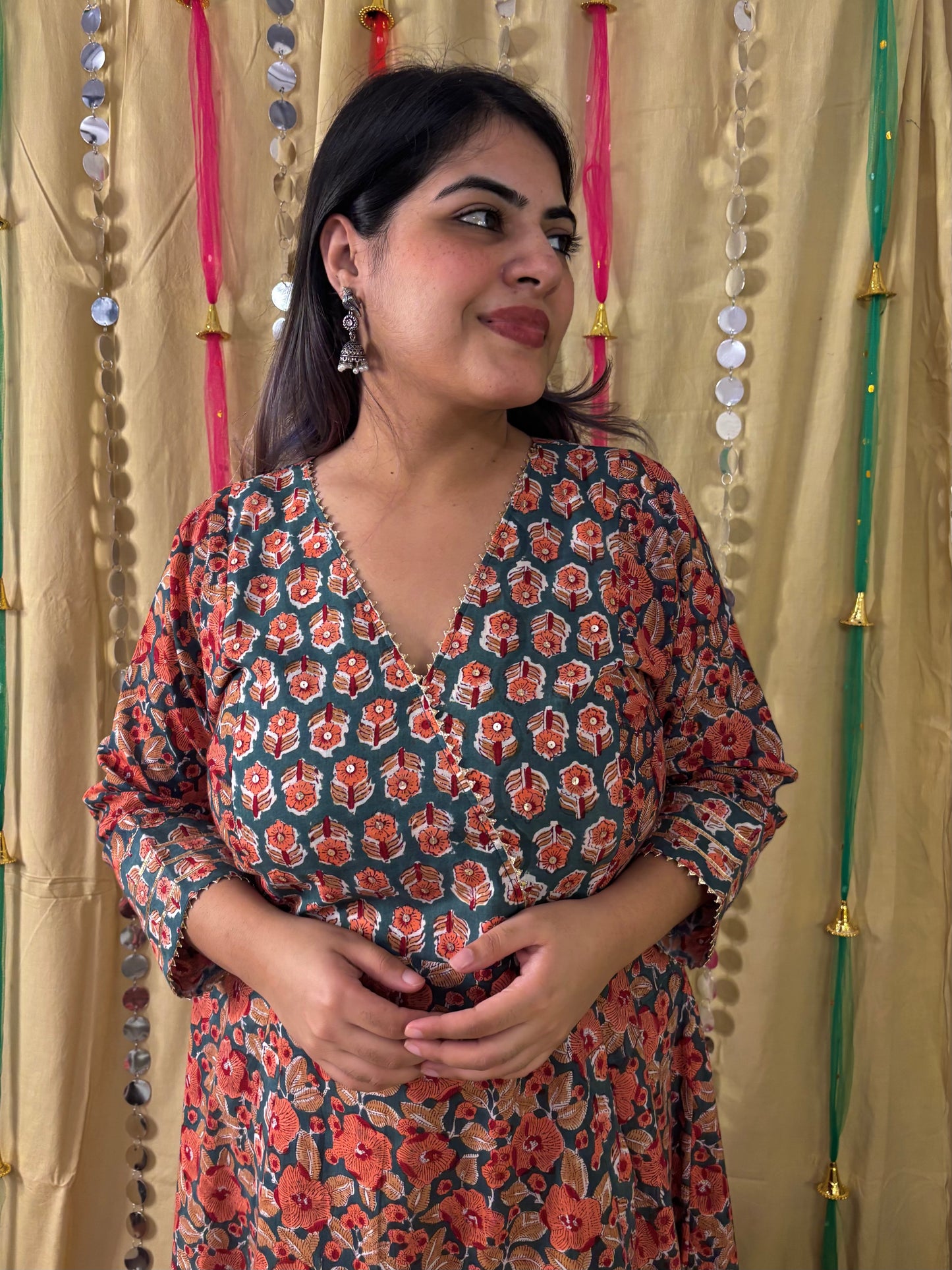 Naaz Hand Block Printed A Line Maxi Patch Dress with Hand Embroidery
