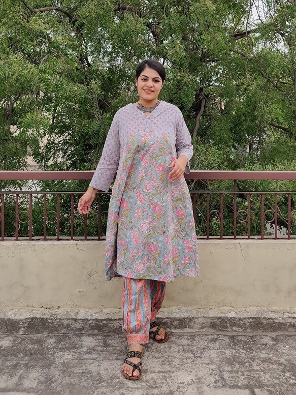 Meadowsweet Hand Block Printed Cotton Kurta Set with Afghani Pants