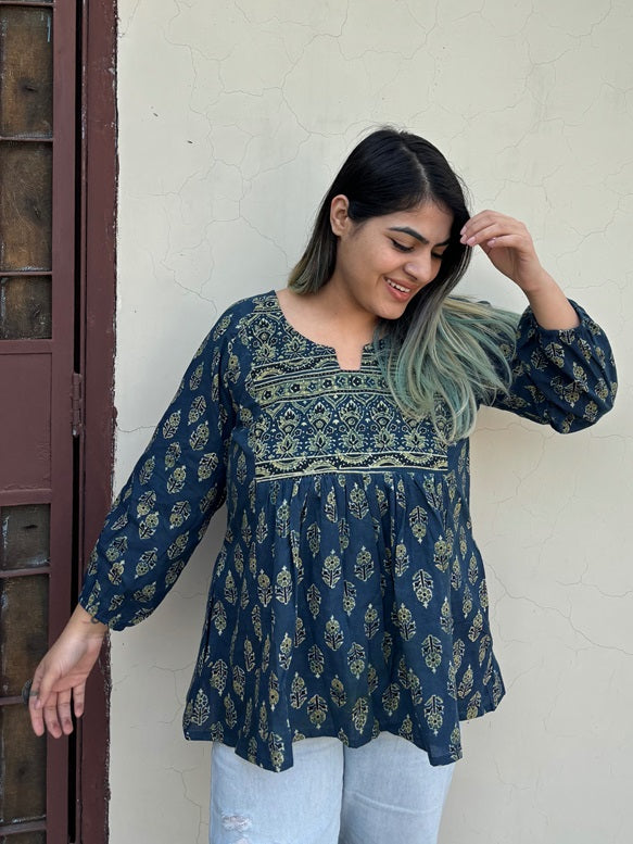 Indigo Green Ajrakh Boho Top with Back Drawstring