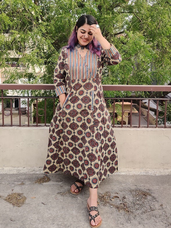 White Meadows Ajrakh Maxi Patch Dress