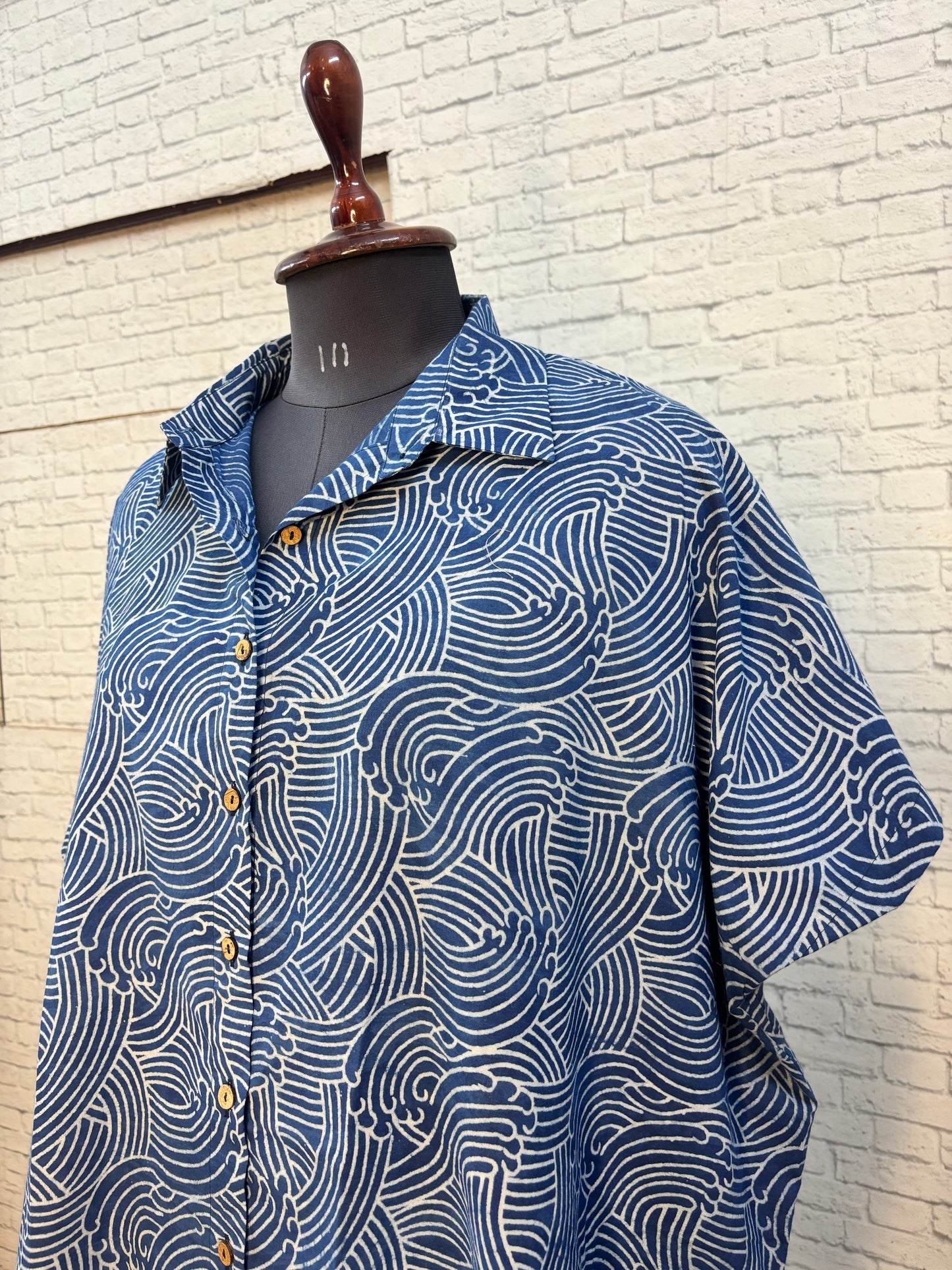 Indigo Waves Hand Block Printed Cotton High Low Shirt Kaftan