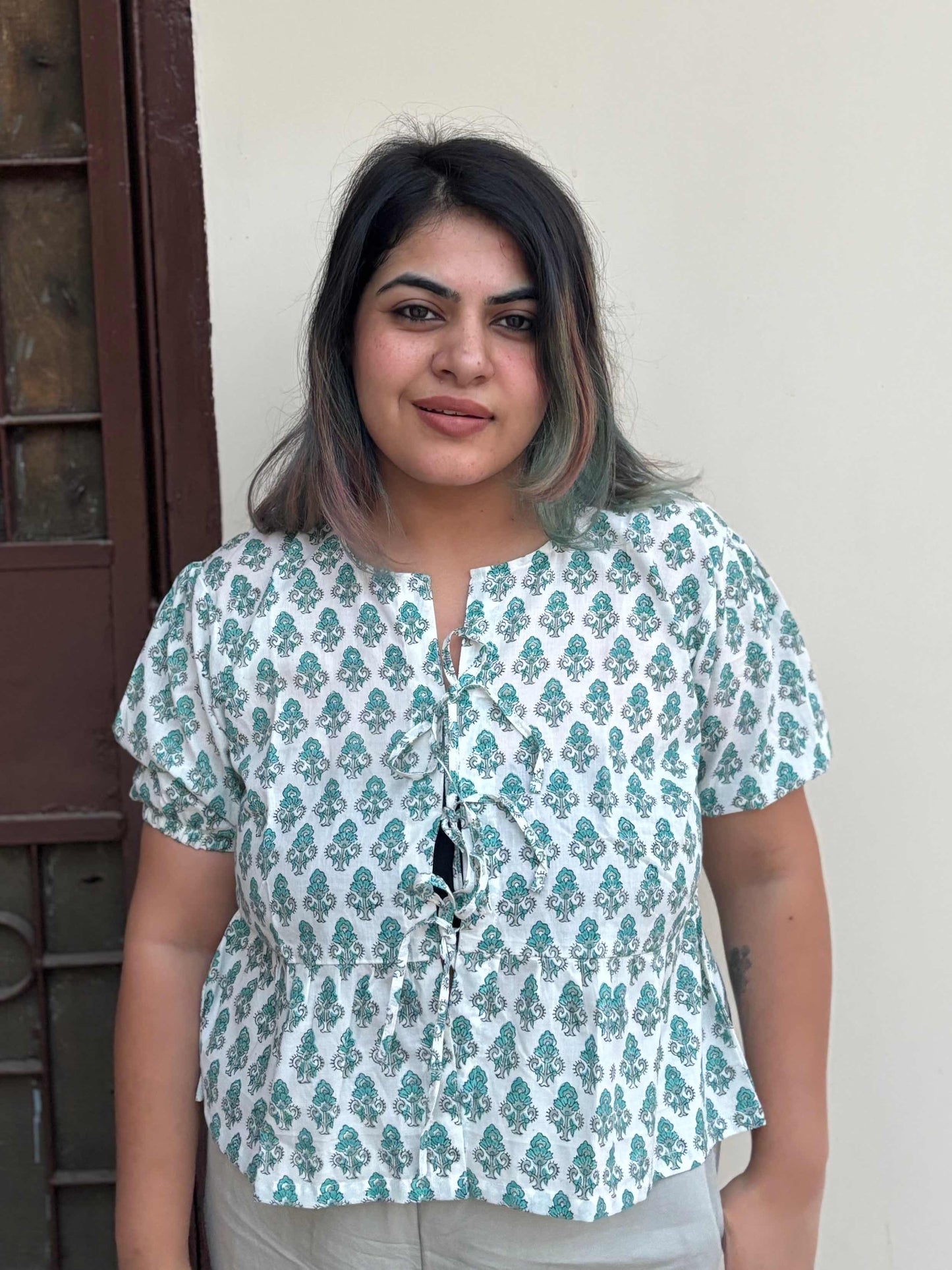White Green Hand Block Printed Front Tie Top with Sleeves