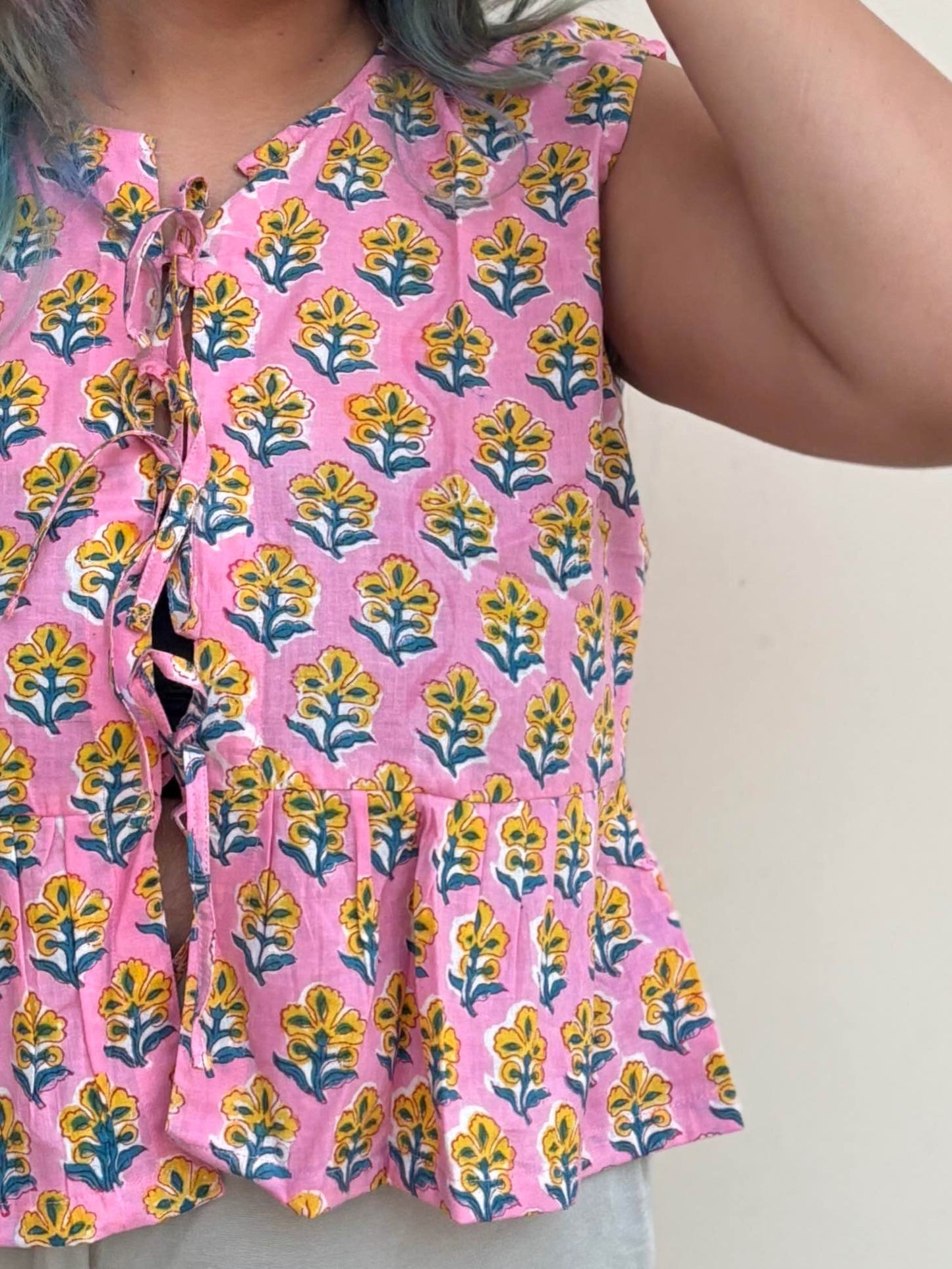 Pink Yellow Hand Block Printed Front Tie Sleeveless Top