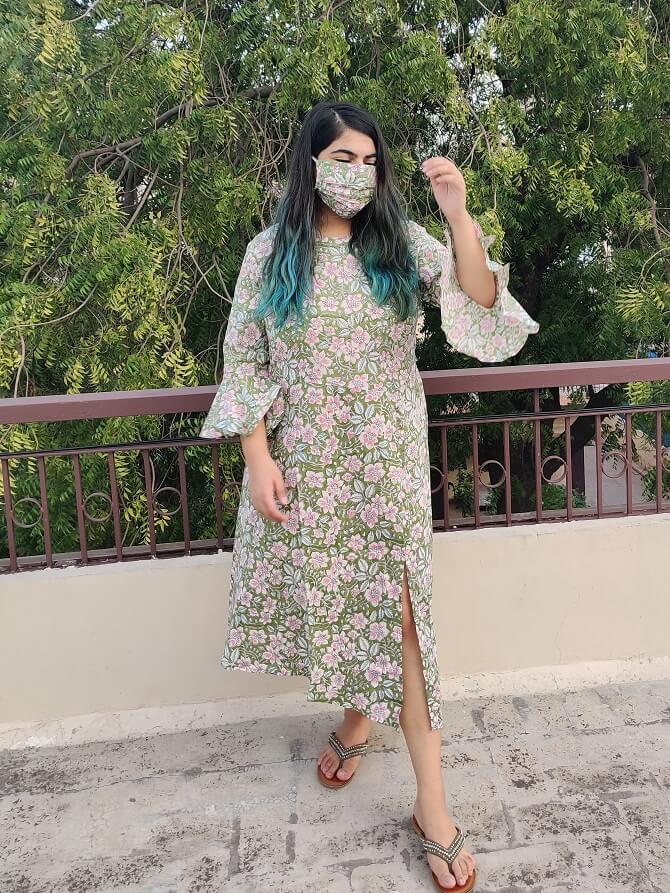 Green Floral Hand Block Printed Side Slit Dress with Pocket