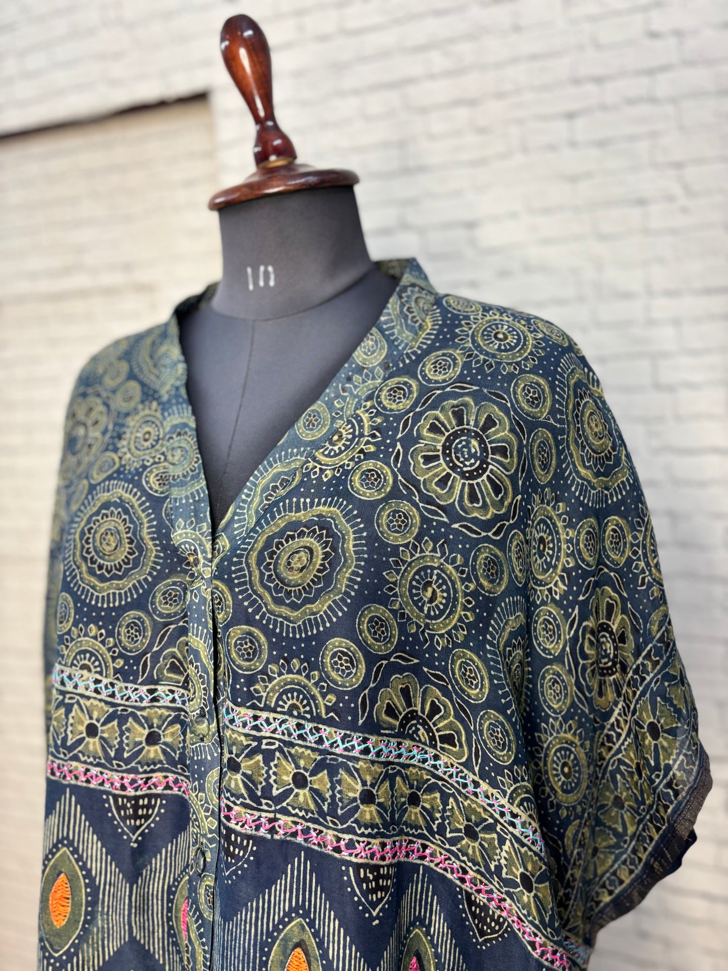 Indigo Green Ajrakh Chanderi Shirt Kaftan with Hand Embroidery