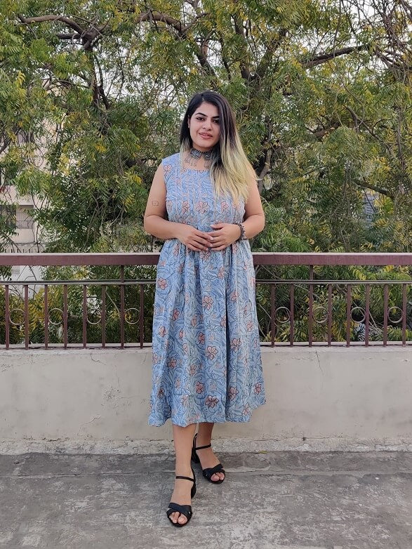 Tanika Hand Block Printed Sleeveless Dress with Box Pleats
