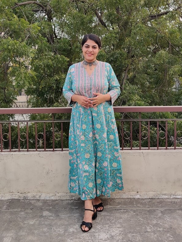 Baani Hand Block Printed A Line Maxi Patch Dress
