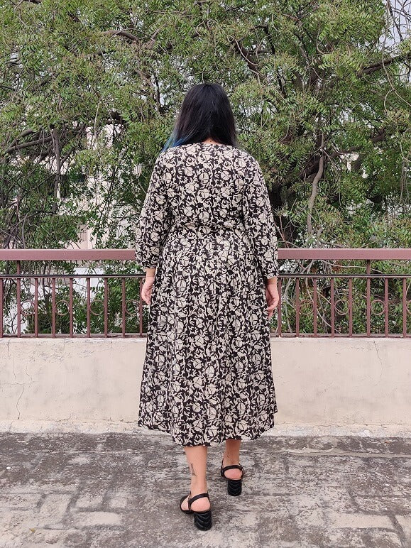 Black Kalamkari Hand Block Printed Midi Dress with Box Pleats