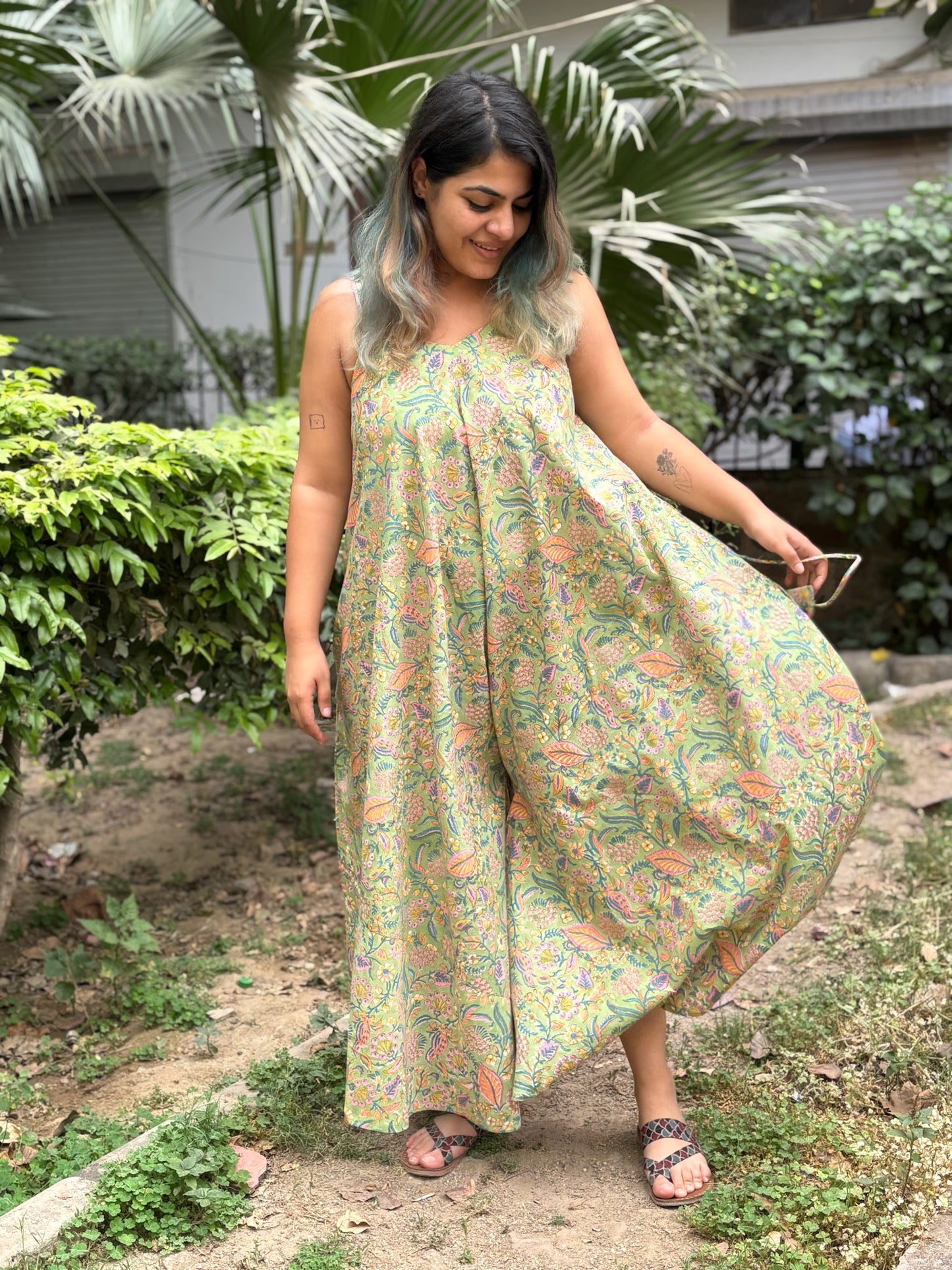 Aangan Hand Block Printed Floral Flared Jumpsuit