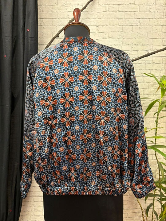 Indigo Black Ajrakh Mashru Silk Unisex Bomber Jacket
