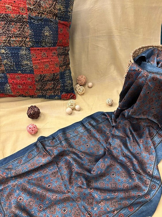 Indigo Red Ajrakh Hand Block Printed Mashru Silk Stole