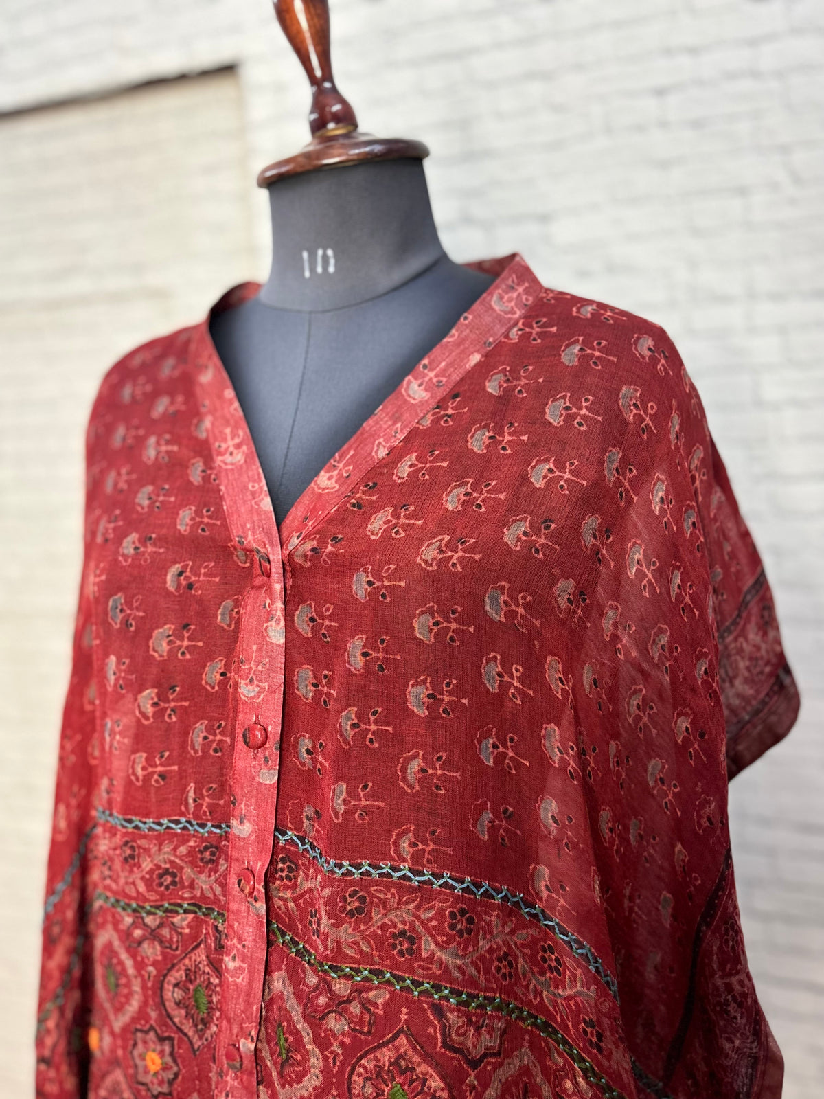 Red Ajrakh Chanderi Shirt Kaftan with Hand Embroidery