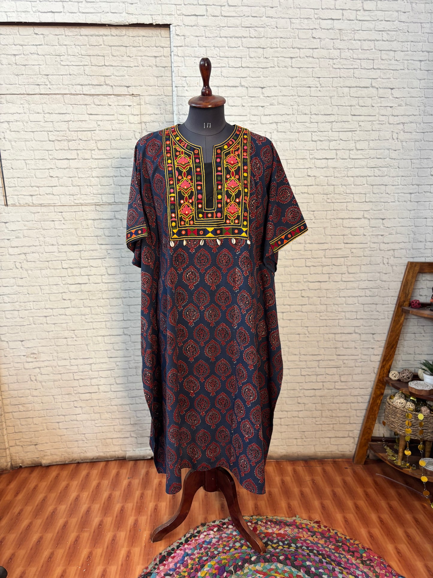 Indigo Red Ajrakh Hand Embroidered Patch Kaftan
