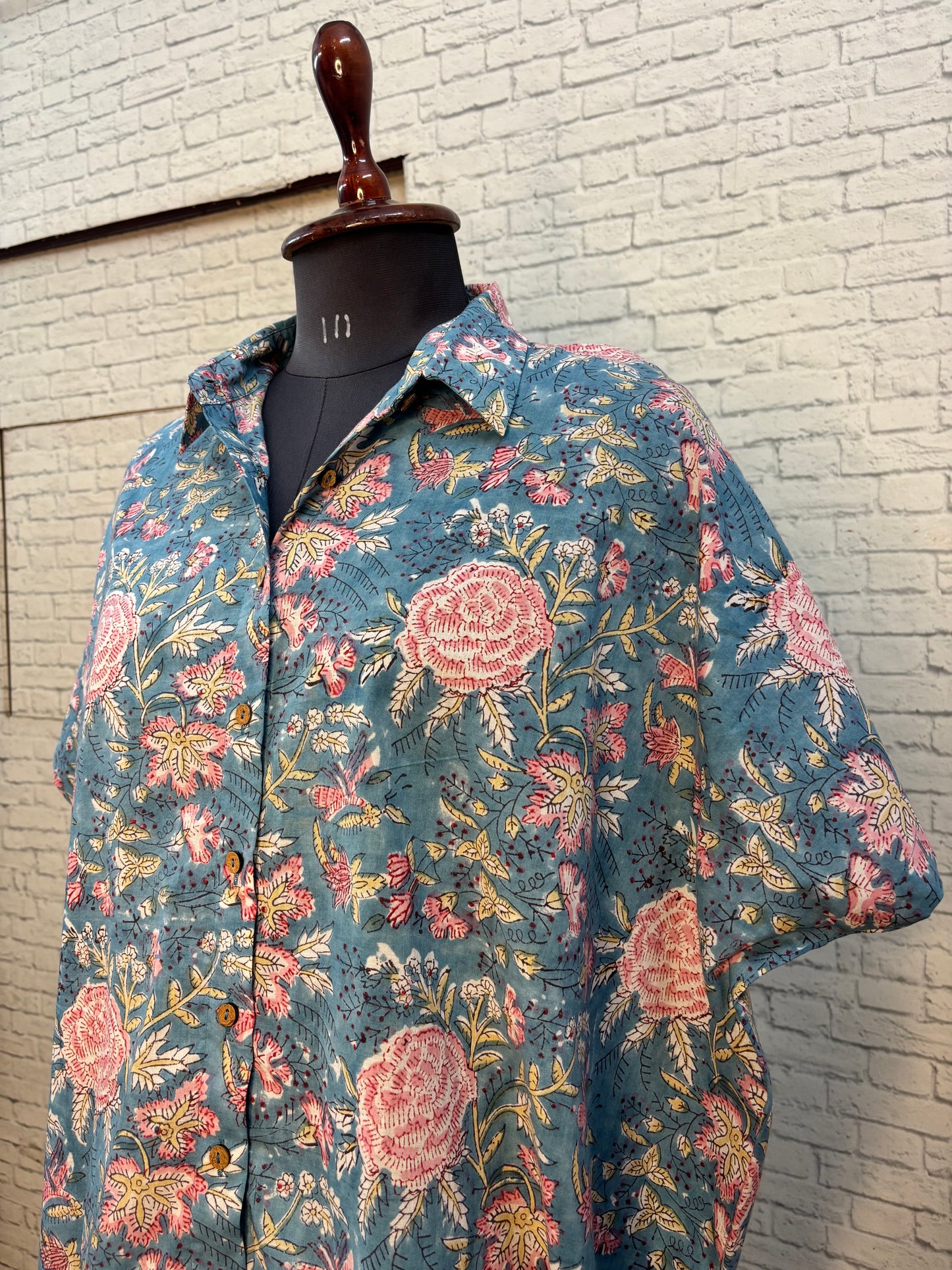 Blue Floral Cotton High Low Shirt Kaftan