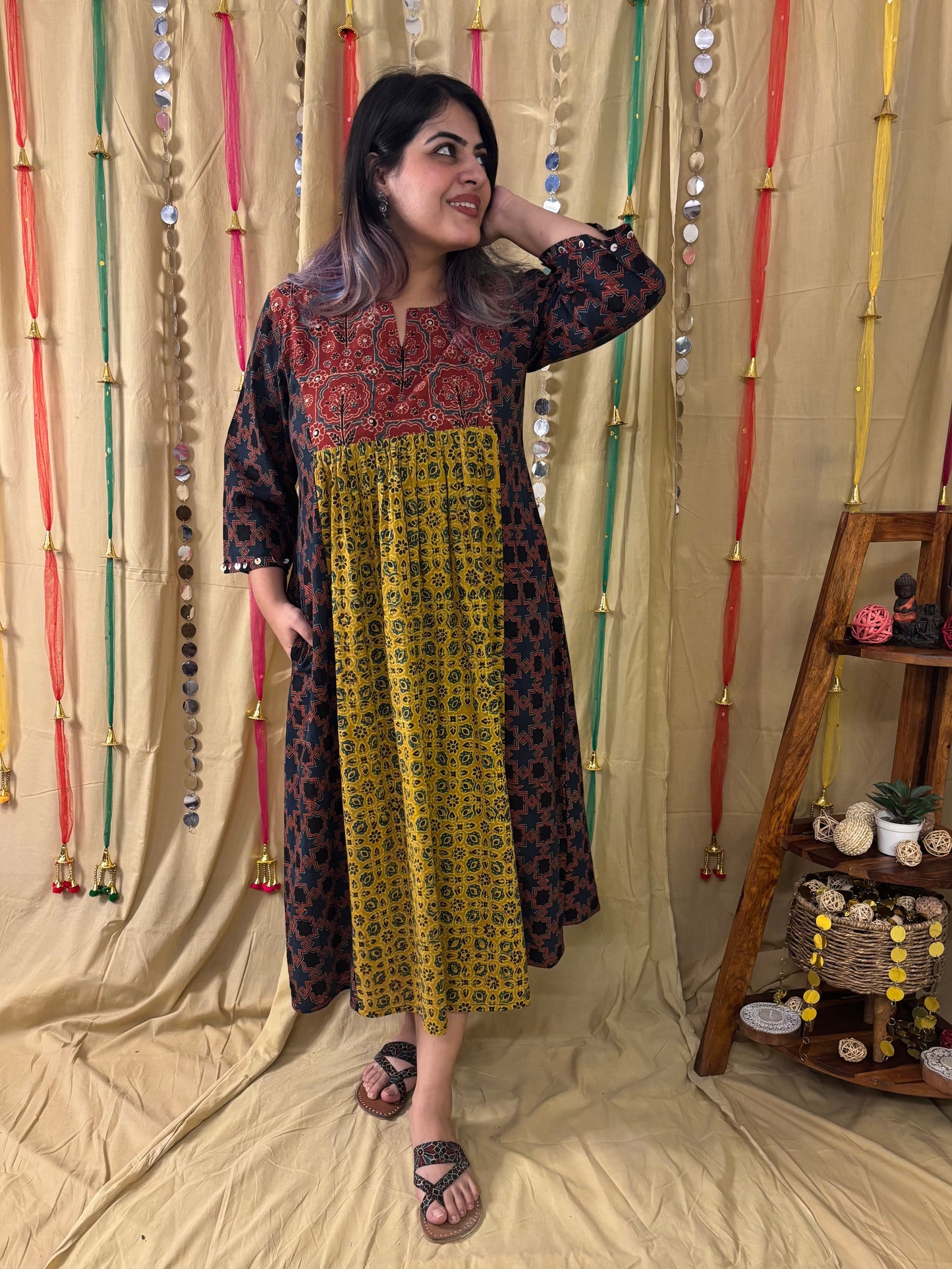Saher Ajrakh Midi Dress with Hand Embroidery Detailing