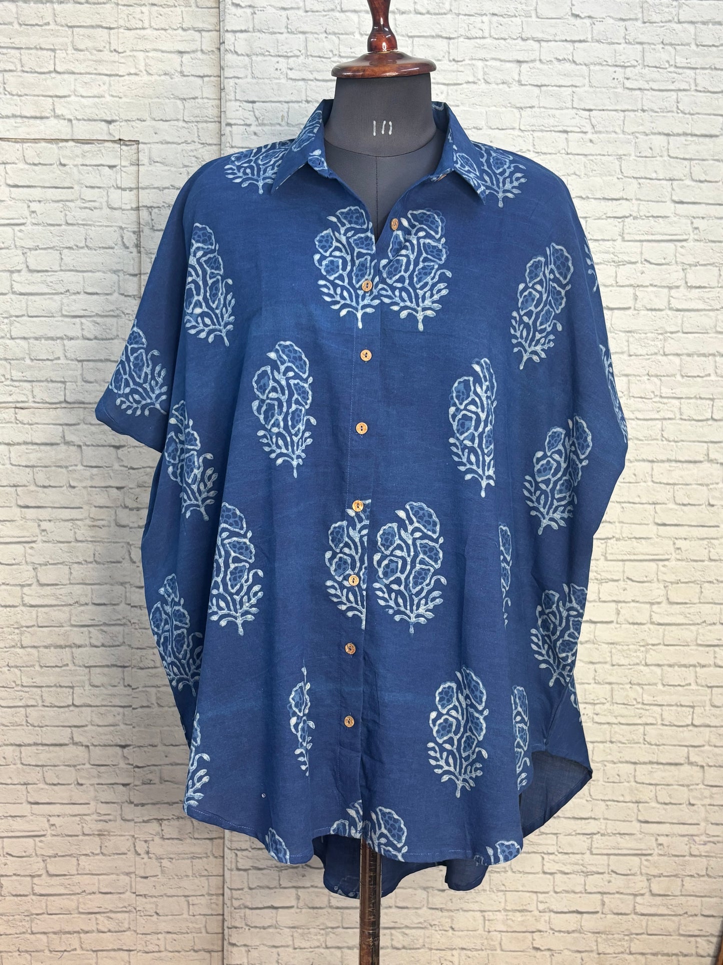 Indigo Flower Cotton High Low Shirt Kaftan