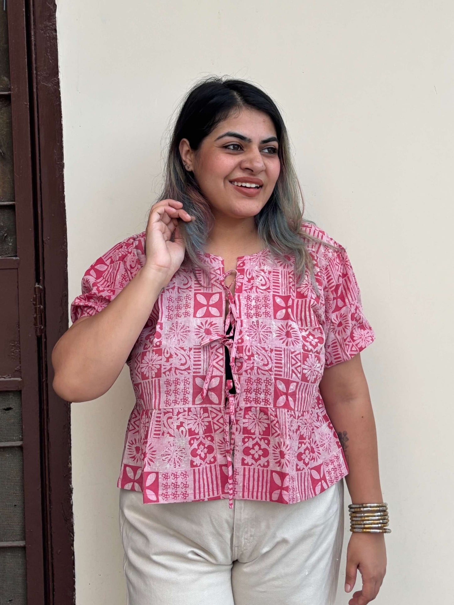 Pink Tiles Hand Block Printed Front Tie Top with Sleeves