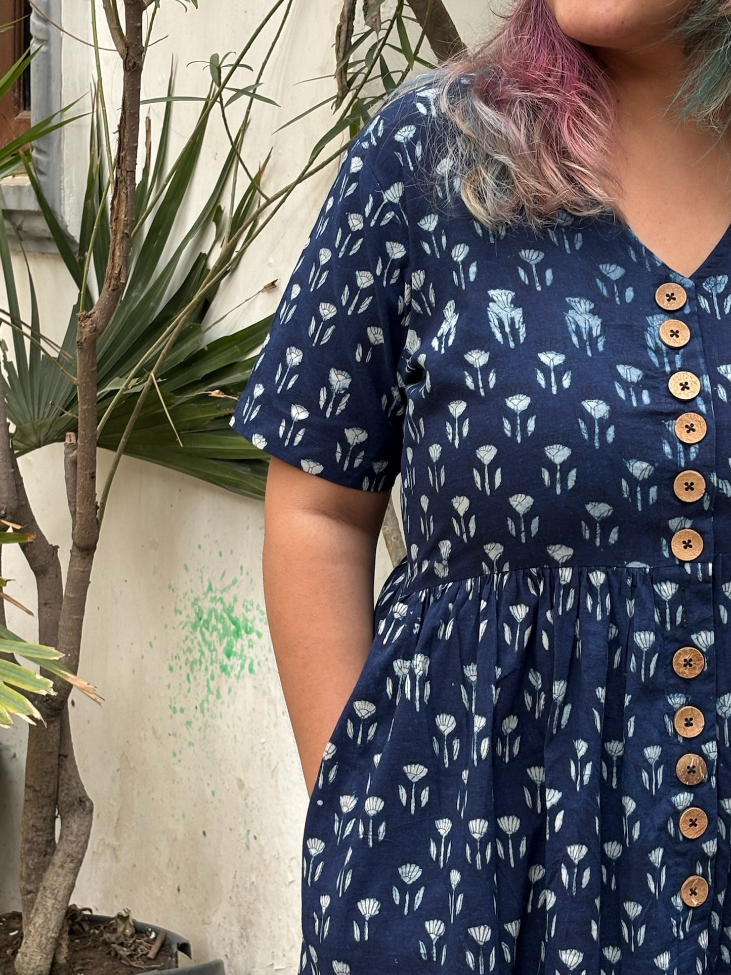 Neela Phool Hand Block Printed Knee Length Tiered Button Down Dress