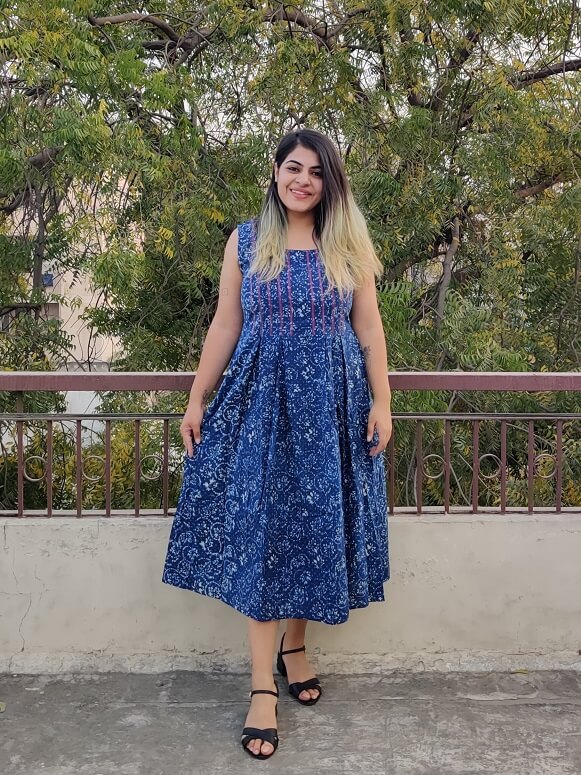 Blueberry Hand Block Printed Sleeveless Dress with Box Pleats