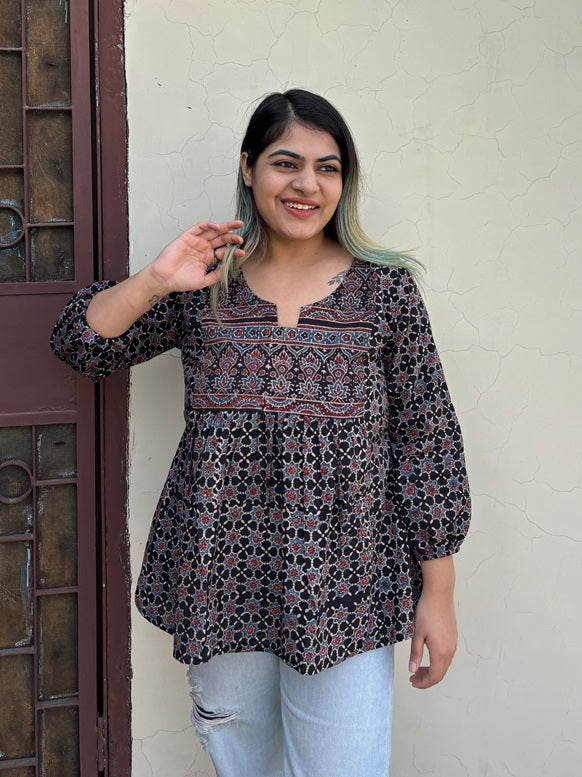 Black Ajrakh Boho Top with Back Drawstring