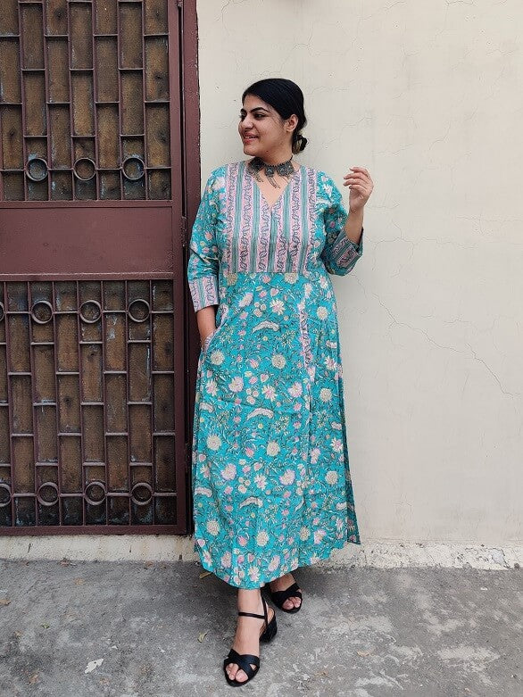 Baani Hand Block Printed A Line Maxi Patch Dress
