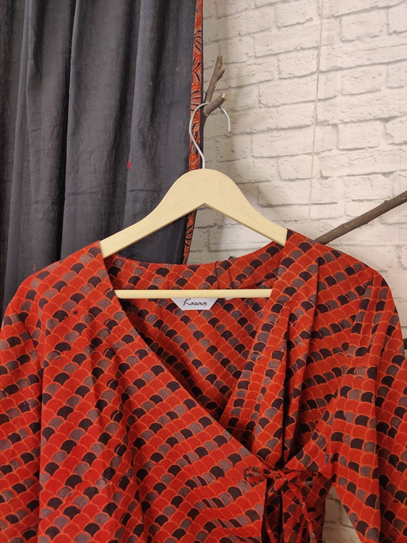 Red Fishscale Ajrakh Hand Block Printed Angrakha Short Top