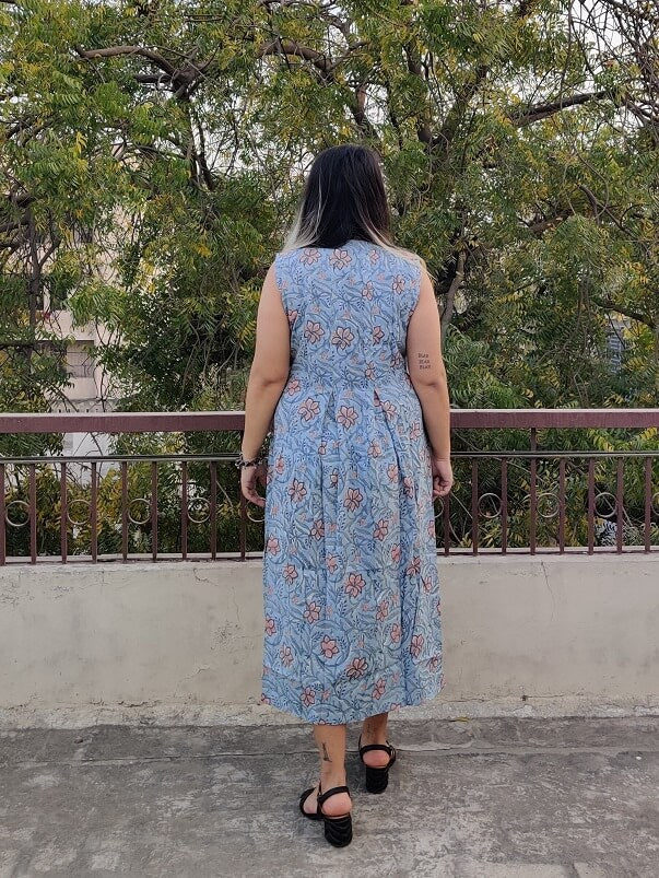 Tanika Hand Block Printed Sleeveless Dress with Box Pleats
