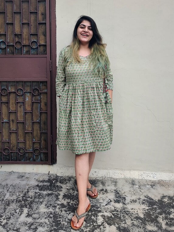 Lotus Hand Block Printed Angrakha Flared Dress