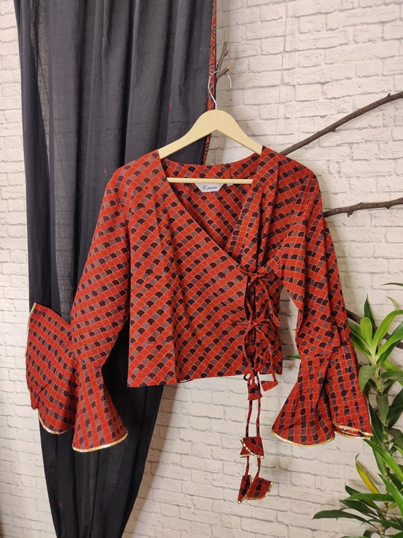 Red Fishscale Ajrakh Hand Block Printed Angrakha Short Top