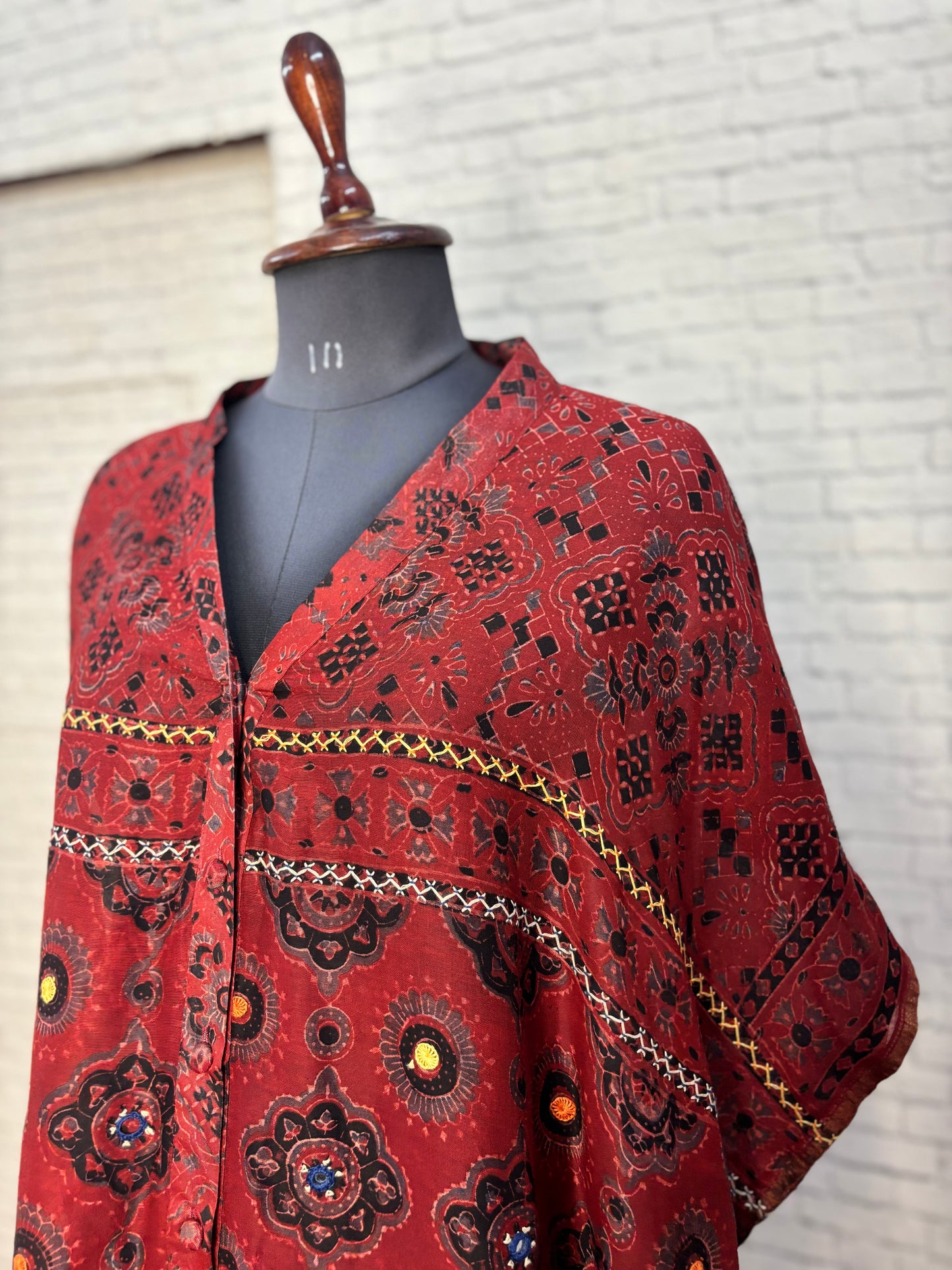 Red Ajrakh Chanderi Shirt Kaftan with Hand Embroidery