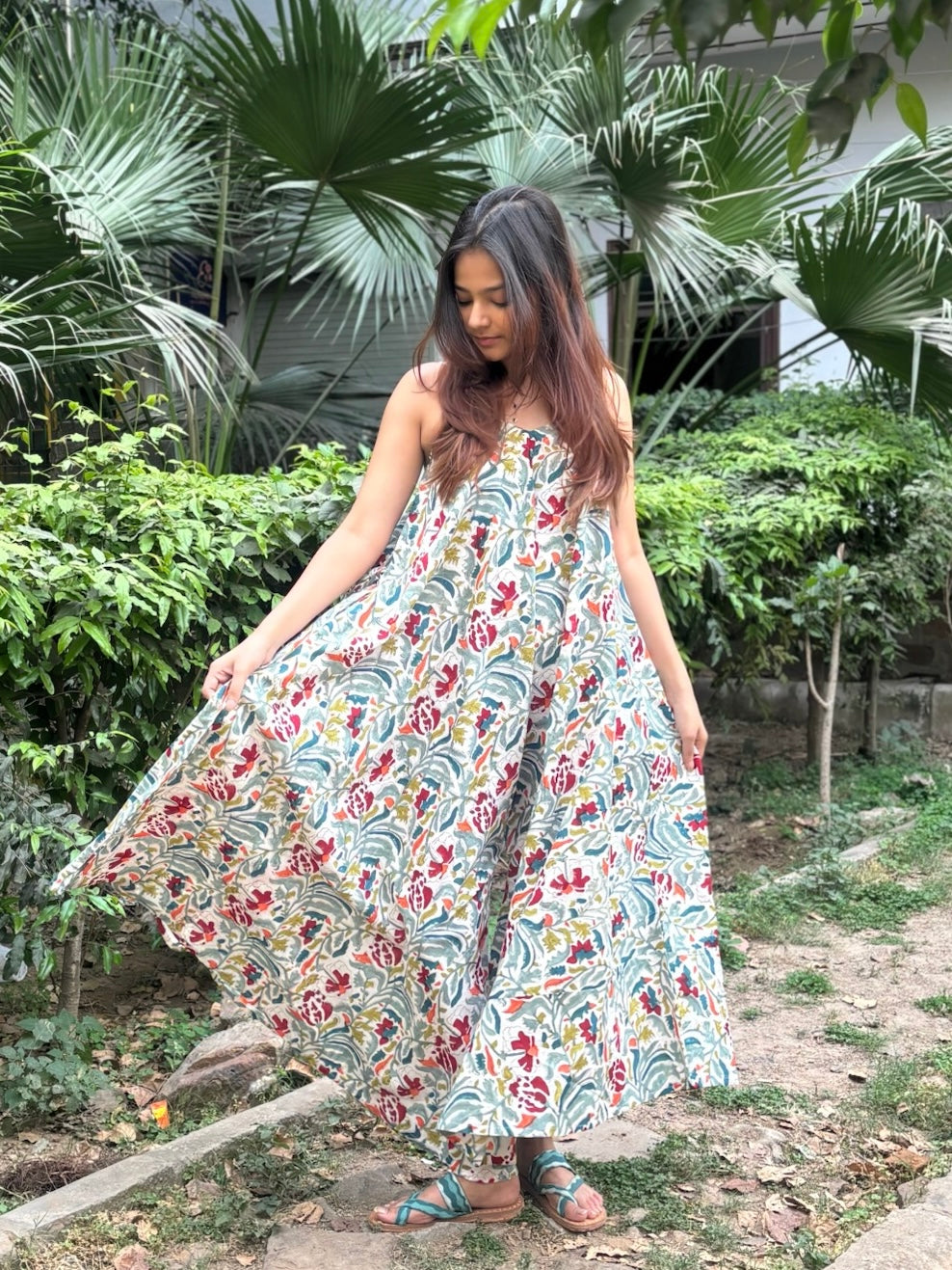 Vasanti Hand Block Printed Floral Flared Jumpsuit