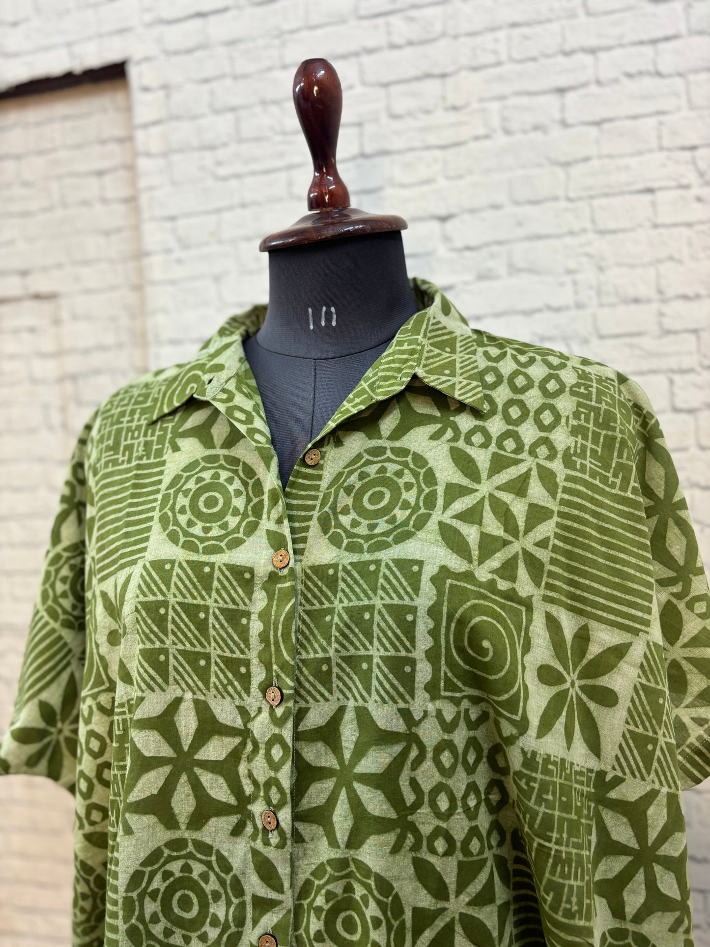 Green Tiles Hand Block Printed Cotton High Low Shirt Kaftan