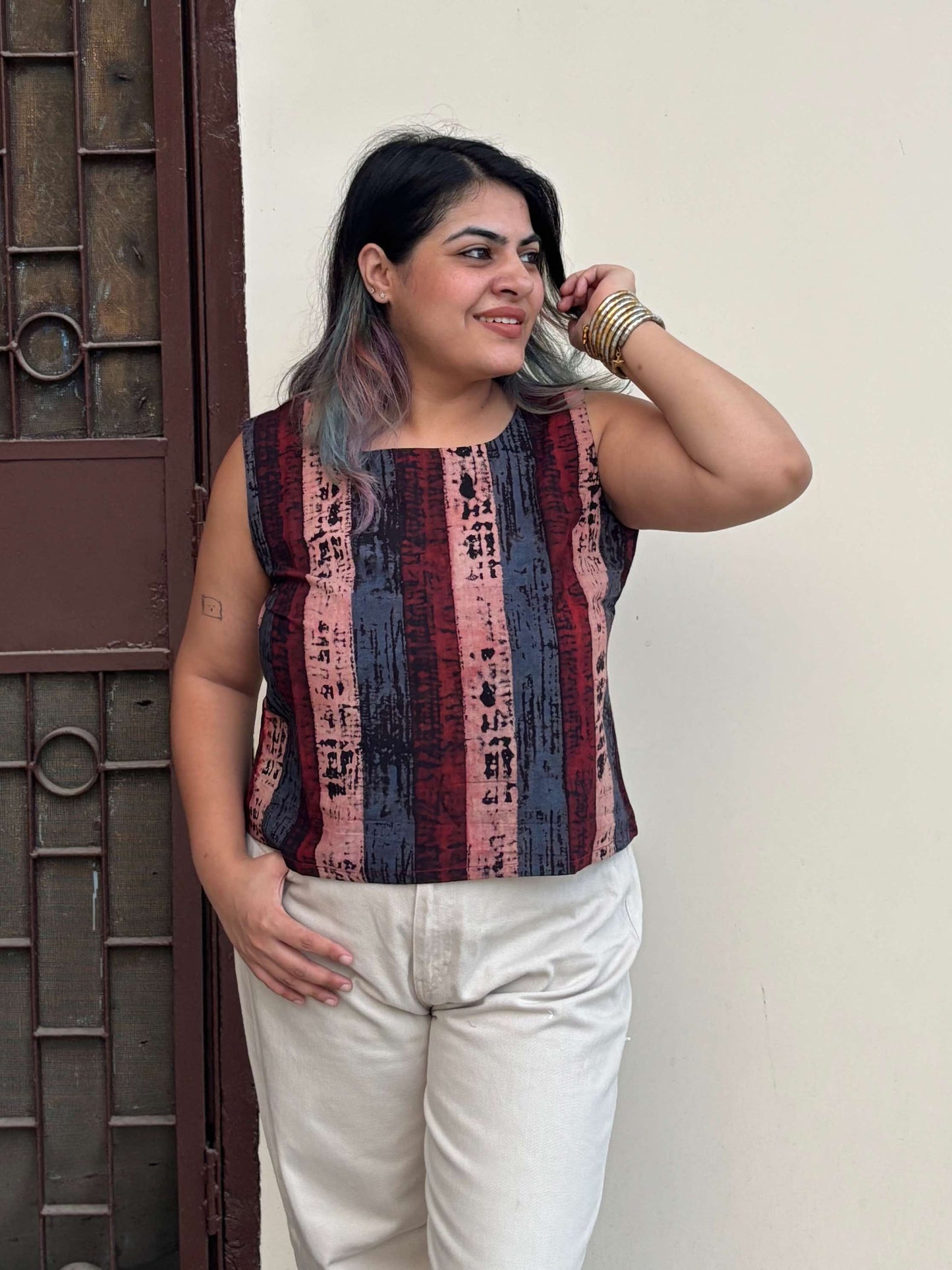 Black Ajrakh Sleeveless Crop Top