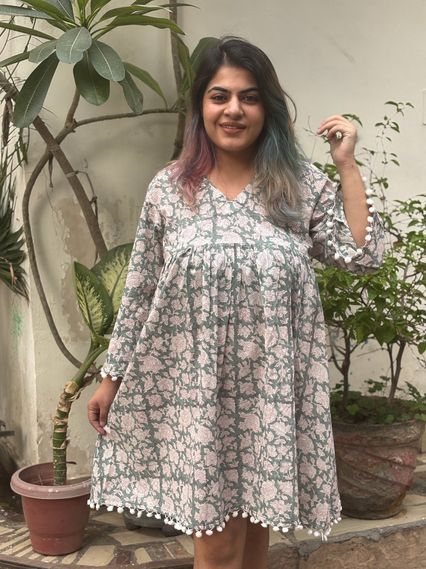Ira Hand Block Printed Comfort Fit Flared Dress with Pompoms