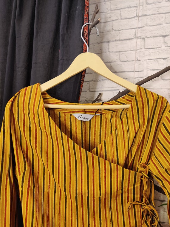 Yellow Red Stripes Ajrakh Hand Block Printed Angrakha Short Top