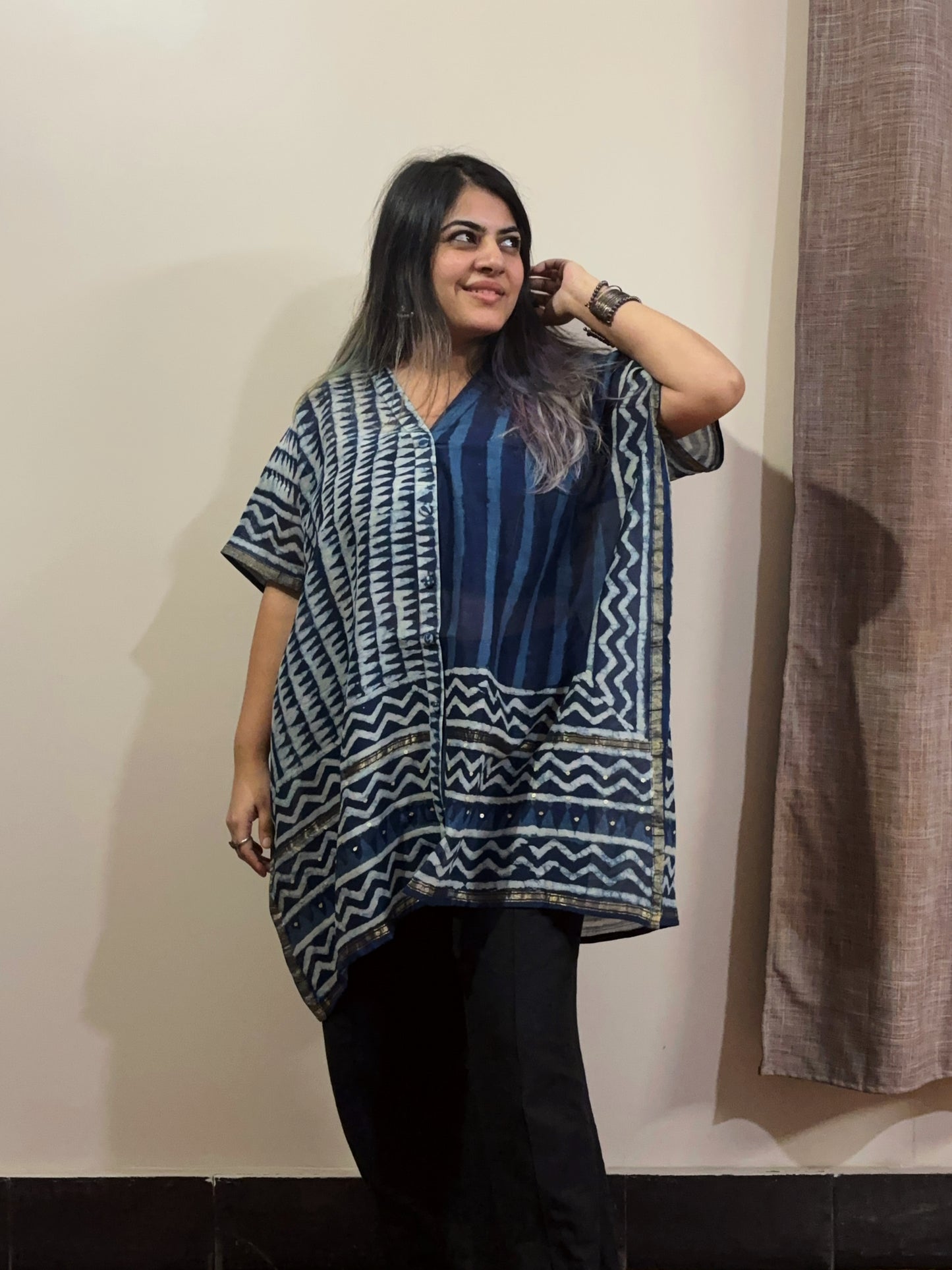 Indigo Dabu Chanderi Shirt Kaftan with Sequin Detailing