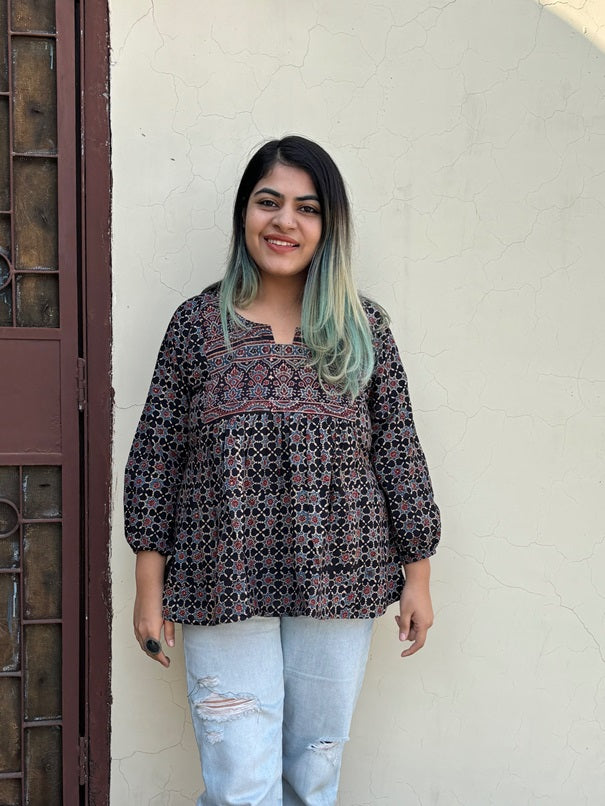Black Ajrakh Boho Top with Back Drawstring