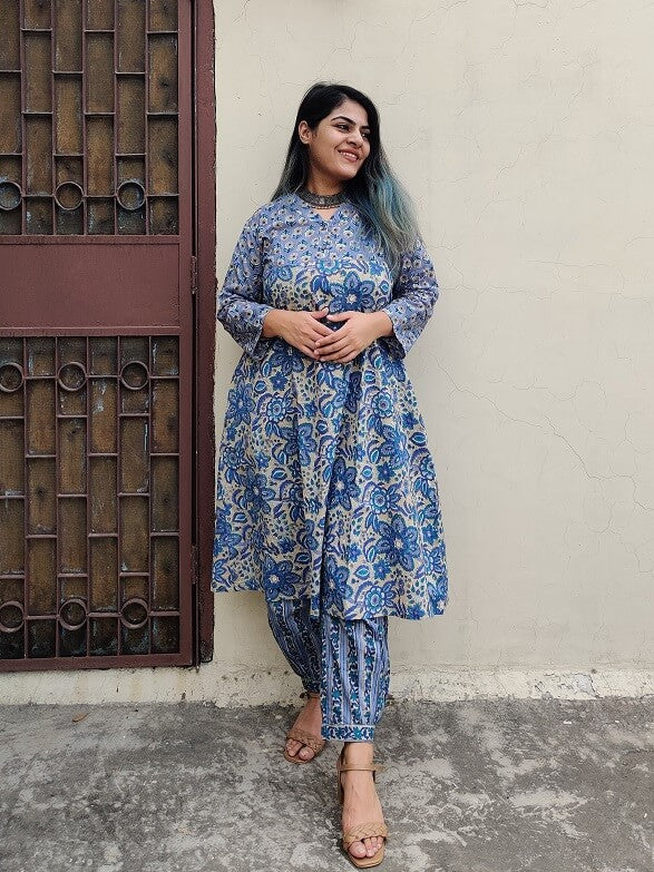 Aahna Hand Block Printed Cotton Kurta Set with Afghani Pants