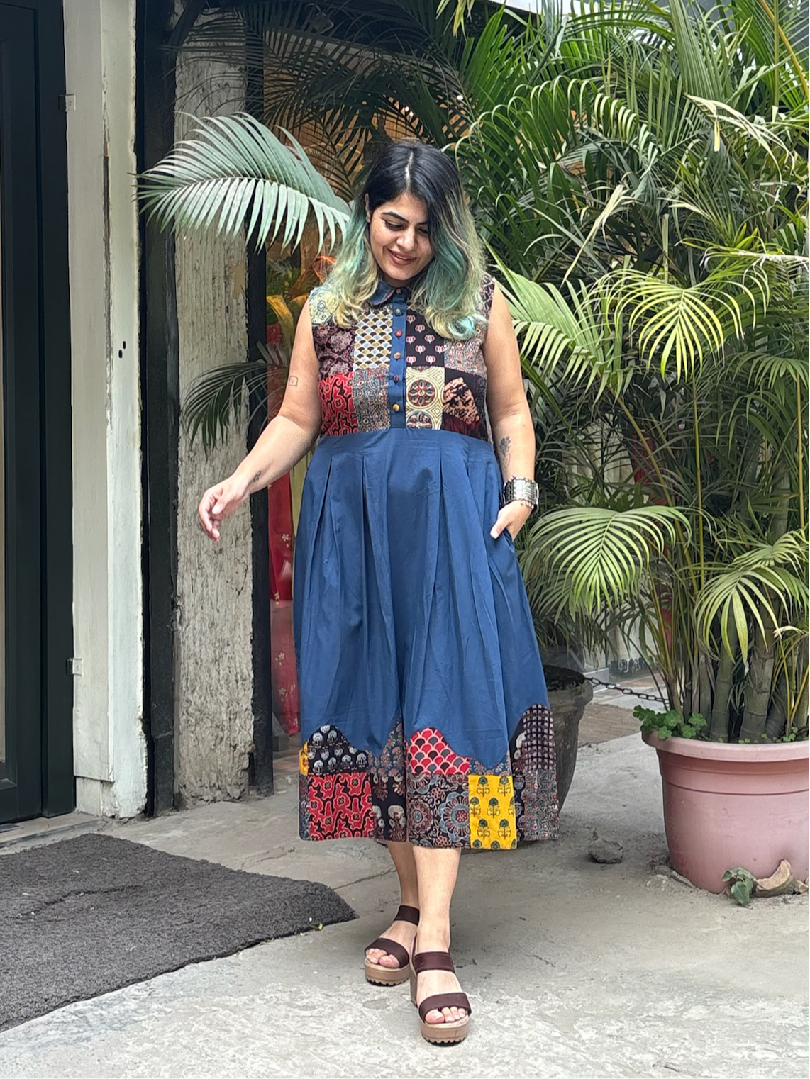 Ajrakh Patchwork and Indigo Sleeveless Midi Dress